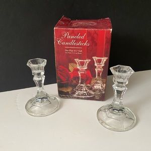 Crystal Paneled Candlesticks Holder One Pair 4 1/2" Tall Indiana Glass Made USA